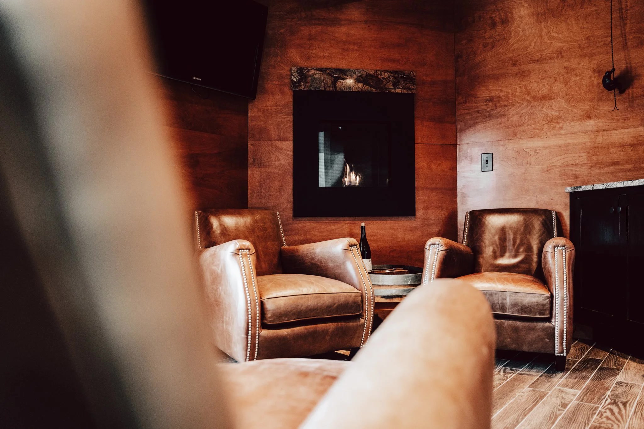Cozy living room with leather armchairs