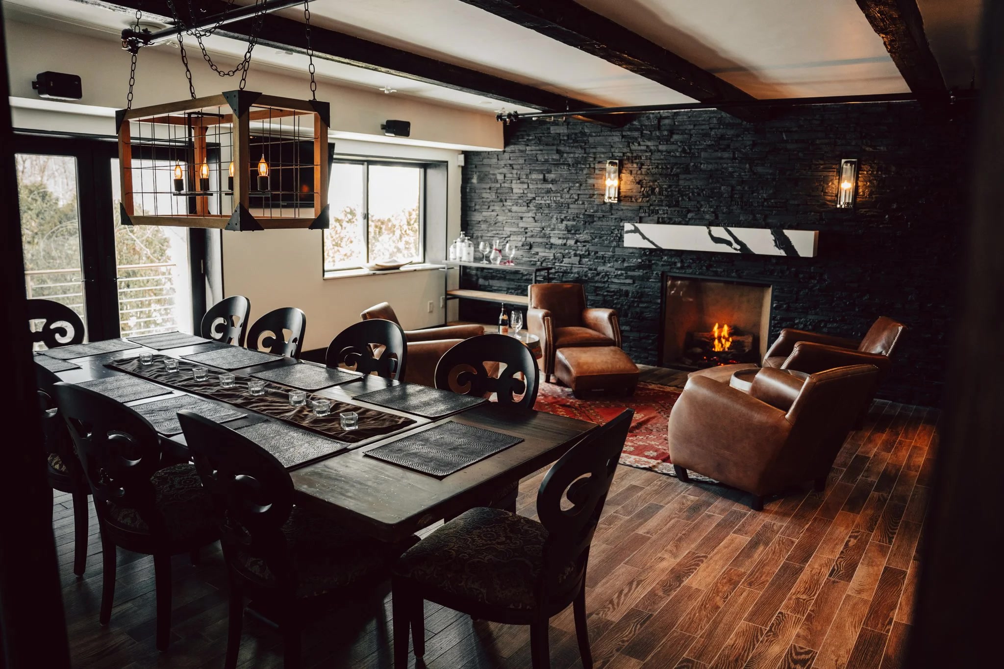 Dining and lounge area with fireplace